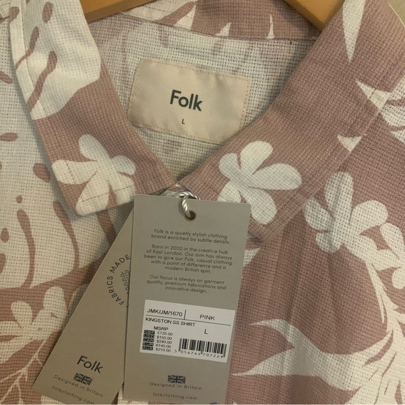 Folk Men’s Kingston Button Down Short Sleeve Shirt Tropical Pink NWT Size Large - Picture 2 of 4